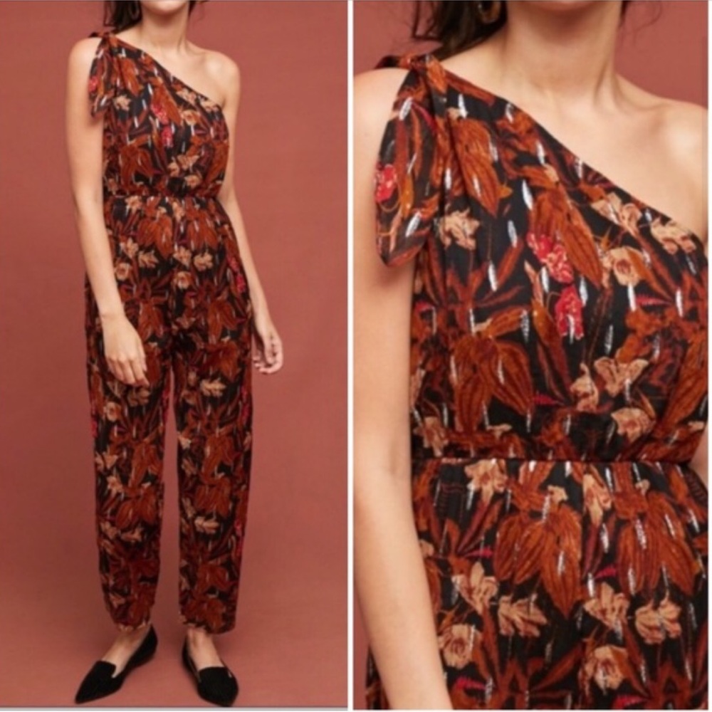 ANTHROPOLOGIE Maeve Kyoto Floral Long Jumpsuit One Shoulder NEW